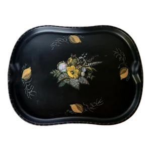 Vintage Black Tole Tray With Shells and Flowers
