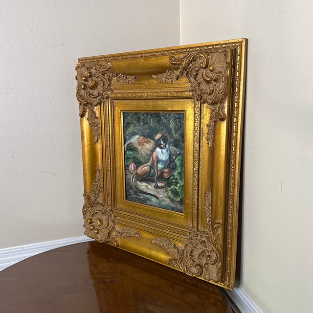 Beautiful vintage oil painting, The scene captures the monkey's natural habitat and showcases its agility and curiosity....