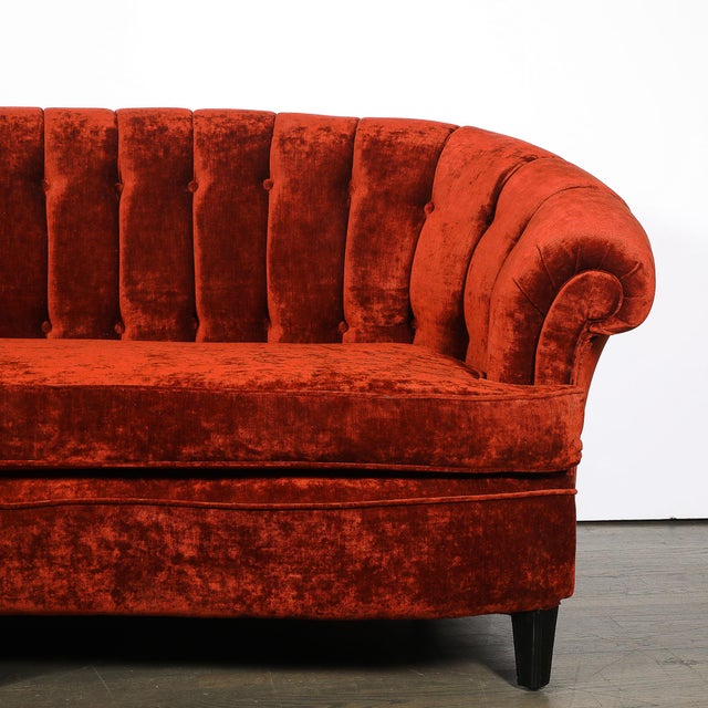 Art Deco Art Deco Curved Channel-Back Scroll-Arm Sofa With Ebonized Tapered Supports For Sale - Image 3 of 16
