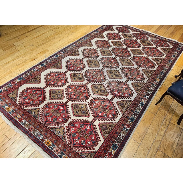 Vintage Persian Malayer Gallery Rug, Hand-Knotted Wool, Geometric Pattern, 7x13, Ivory & Red For Sale - Image 11 of 14