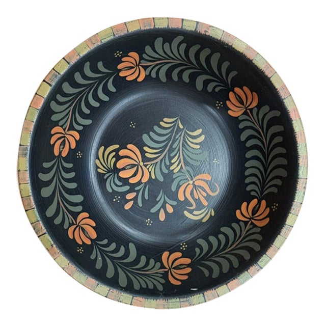 Vintage Rare Pennsylvania Dutch Hand Painted Classic Black Wooden Bowl Signed 12" For Sale