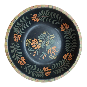 Vintage Rare Pennsylvania Dutch Hand Painted Classic Black Wooden Bowl Signed 12"