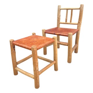 Vintage Rustic Log Chair & Stool Set For Sale