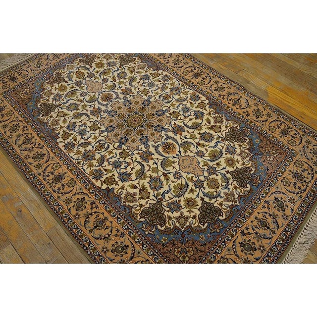 Textile 1940s Small Ivory Islimi Medallion Antique Isfahan Silk Handknotted Wool Rug For Sale - Image 7 of 7
