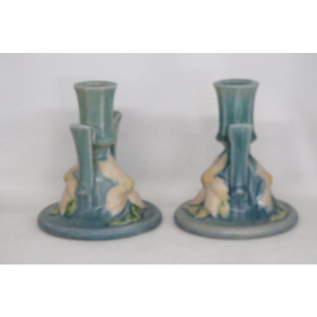 Roseville Pottery Clematis Ceil Blue Candlestick Holders 1159 a Pair 4687b For Sale - Image 15 of 15