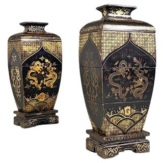 Mid-Century Modern Black Wood Vases or Sculptures with Decorations, 1950s, Set of 2 For Sale