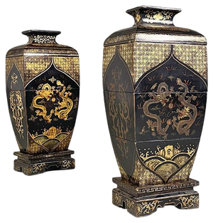 Mid-Century Modern Black Wood Vases or Sculptures with Decorations, 1950s, Set of 2