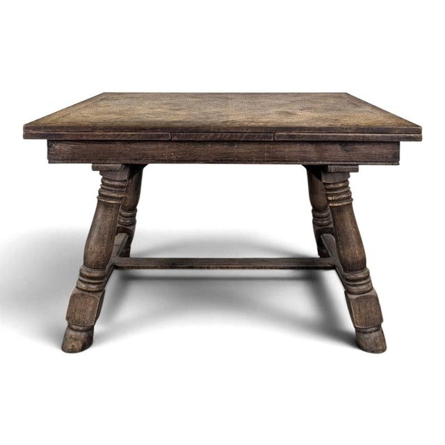 Brown Extendable Oak Table with Marquetry Top and Baluster Legs, 1940s For Sale - Image 8 of 8