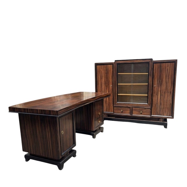 French Art Deco Makassar Study with Crescent-Shaped Desk, 1930, Set of 2 For Sale - Image 10 of 10