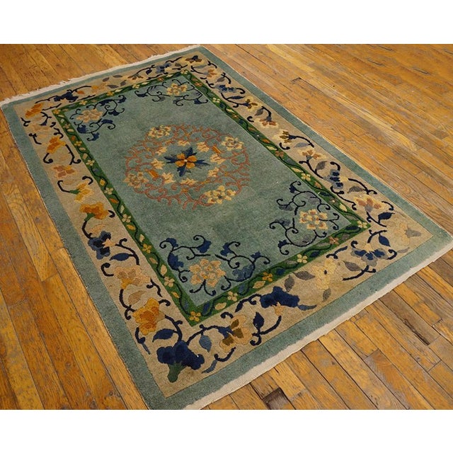 1920s Chinese Art Deco Carpet ( 3'7" x 5'4" - 109 x 163 ) Antique Art Deco Small Scatter Size Wool Light Rug, Circa Date:...