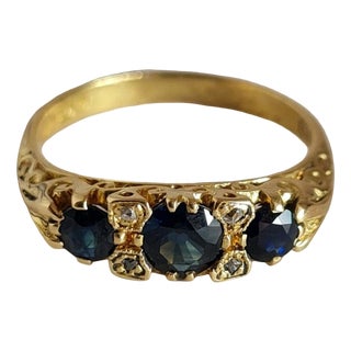 Vintage 18ct Yellow Gold Sapphire and Diamond Three-Stone Ring, 1976 For Sale