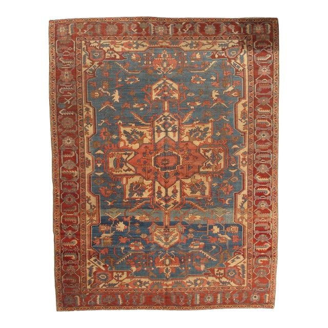Antique Persian Serapi Carpet, Handmade Rug Light Blue, Ivory, Rusty Red For Sale