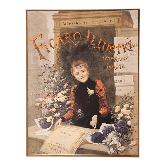 1889 Antique French Figaro Illustre Chromolithograph-Flower Seller, Matted For Sale