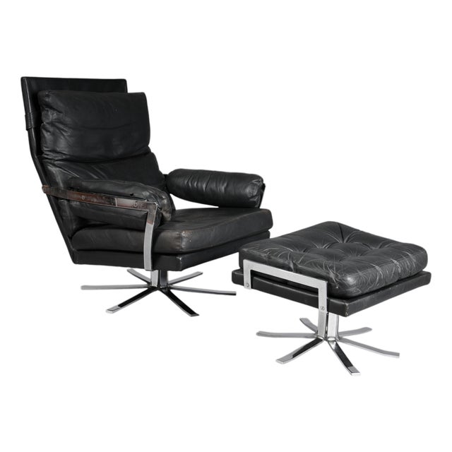 Set of Vintage Lounge Chair and Ottoman in Black Leather by Arne Norell, 1960s For Sale