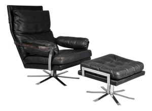 Set of Vintage Lounge Chair and Ottoman in Black Leather by Arne Norell, 1960s