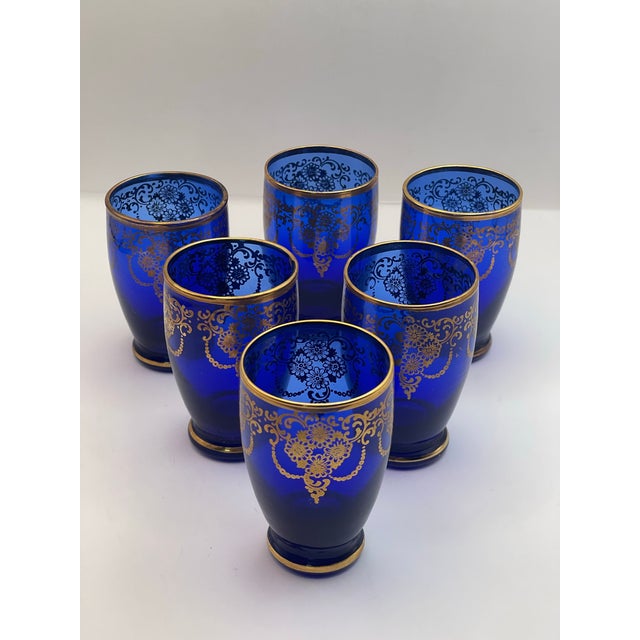 Early 20th Century Bohemian Glass Blue & Gold Decanter Set- 6 Glasses & Decanter For Sale - Image 11 of 11