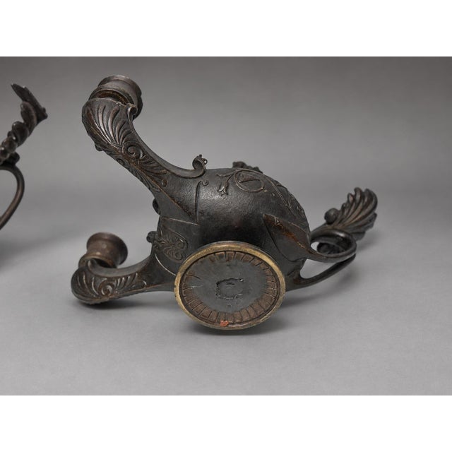 Pair of Grand Tour Bronze Two-Light Candlesticks in Roman Oil-Lamp Form For Sale - Image 11 of 11