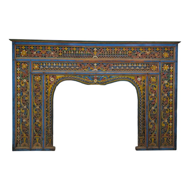 Large Early 19th Century Polychrome Carved Wood Fireplace Surround, India For Sale