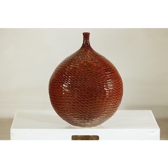 Large Handcrafted Ceramic Vase with Glossy Brown Honeycomb Texture For Sale - Image 18 of 18