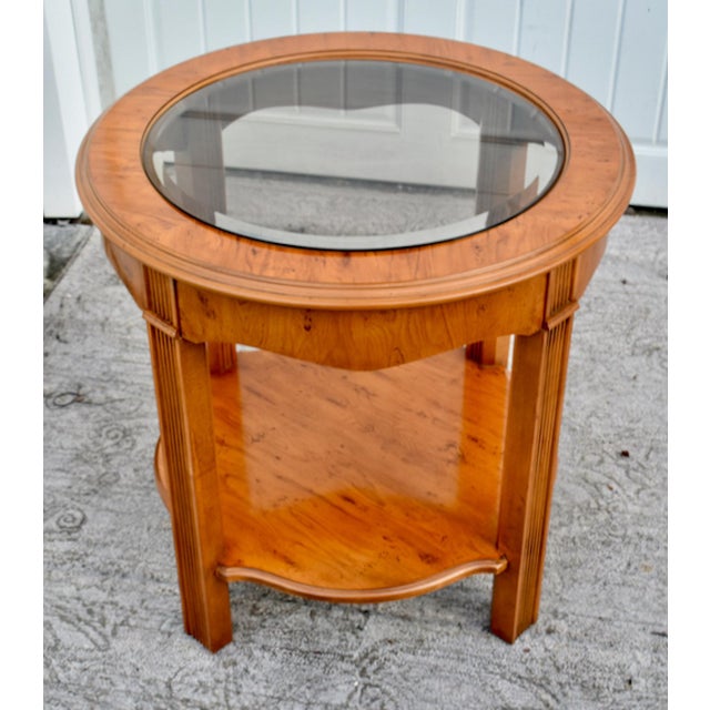 Brown Drexel Heritage Yew Wood End Table Vintage Regency Burl Round Side Glass Top 24” For Sale - Image 8 of 13