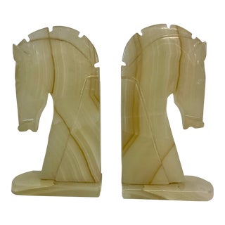 Vintage Hand-Chisled Italian Art Deco Marble Horse Head Bookends - a Pair. For Sale
