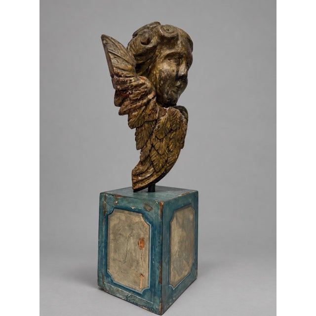 19th Century, Italian Giltwood Winged Cherub Fragment on Faux Marbleized Base For Sale - Image 4 of 11