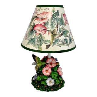 1980s Vintage English Garden Chippendale Hummingbird Petite Table Lamp. For Sale