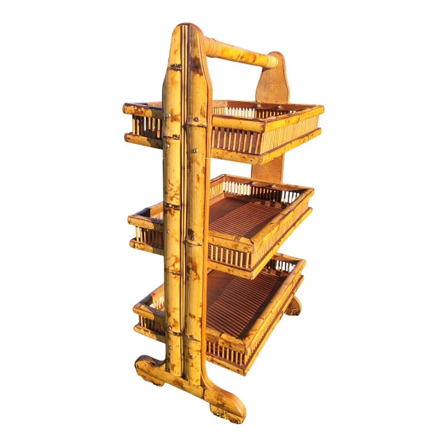 Mid 20th Century Burnt Bamboo 3-Tier Standing Butler Caddy For Sale