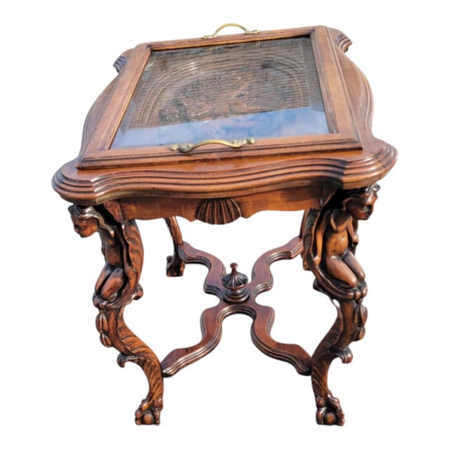 1920s 1920 Ornate Carved Angel Display Table With Glass Top and Sculptural Legs For Sale - Image 5 of 18