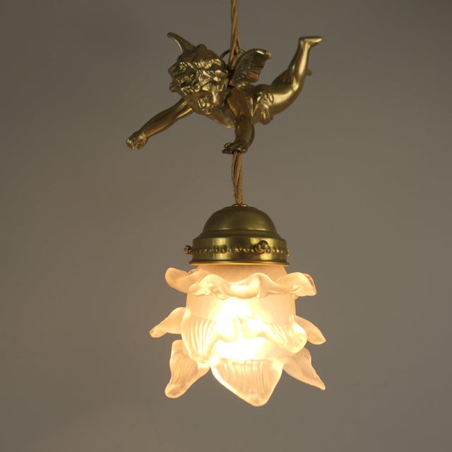 Brass Ceiling Lamp with Putto, France, 1910s For Sale - Image 4 of 10