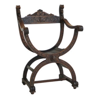 Curule or Dagobert Armchair in Walnut, Italy, 1910s For Sale
