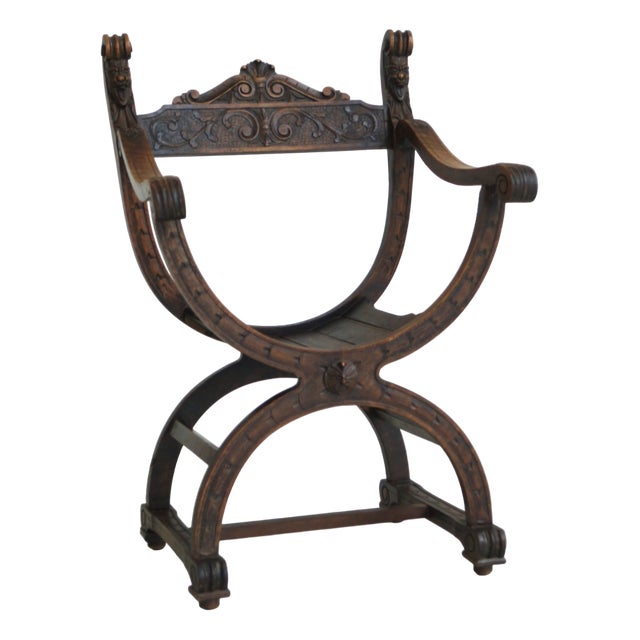 Curule or Dagobert Armchair in Walnut, Italy, 1910s For Sale