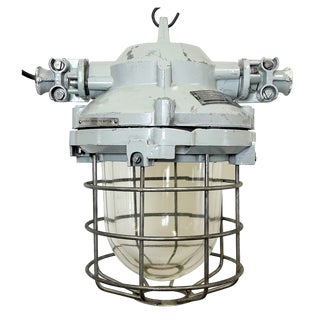 Industrial Grey Bunker Ceiling Light with Iron Cage from Elektrosvit, 1970s For Sale
