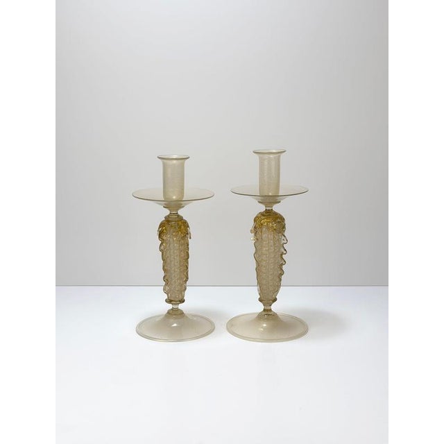 Rococo Opaline and Gold Polveri Murano Glass Candlesticks from Gabbiani, Italy, 1980s, Set of 2 For Sale - Image 3 of 10