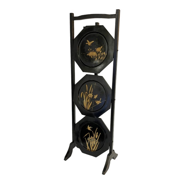 Early 20th Century Hand Painted 3-Tier Folding Wood Muffineer Serving Display Stand For Sale