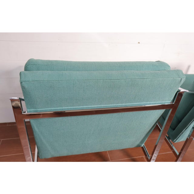 Vintage Pair Mid Century Chrome Frame Chairs Milo Baughman Style Green Fabric Modern Retro Sculptural 60's 70’s For Sale - Image 10 of 14