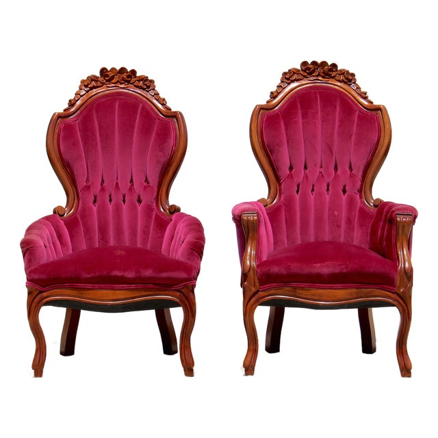 Vintage Victorian Revival Mahogany His & Hers Parlor Chairs Red Velvet Pair For Sale