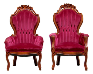Vintage Victorian Revival Mahogany His & Hers Parlor Chairs Red Velvet Pair