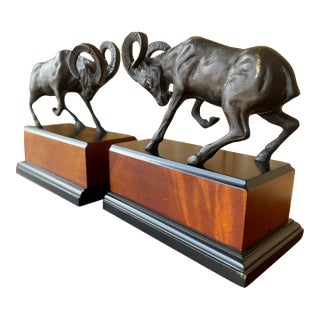 Vintage Decorative Crafts Bighorn Ram Bookends – Bronze Finish, Made in Korea – Pair For Sale