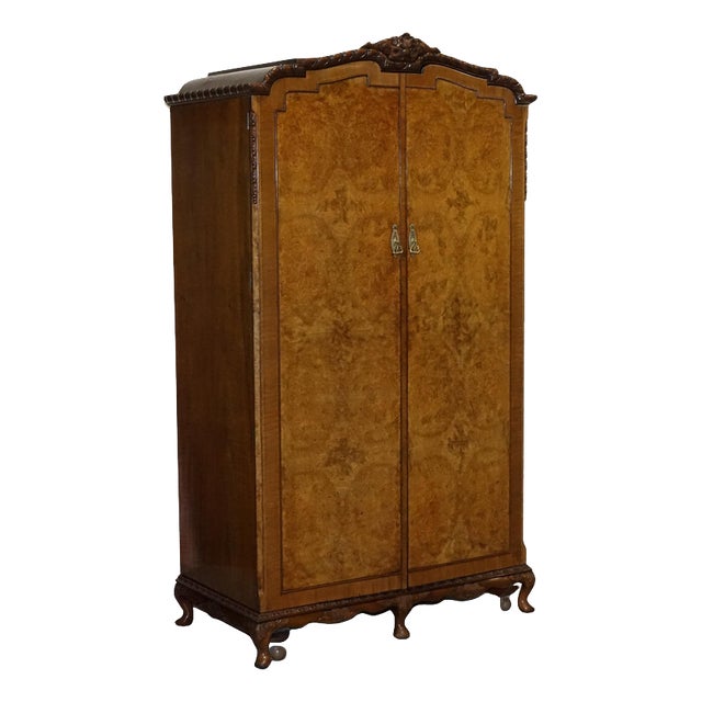 English Victorian Queen Anne Art Deco Burr Walnut 2-Door Wardrobe For Sale