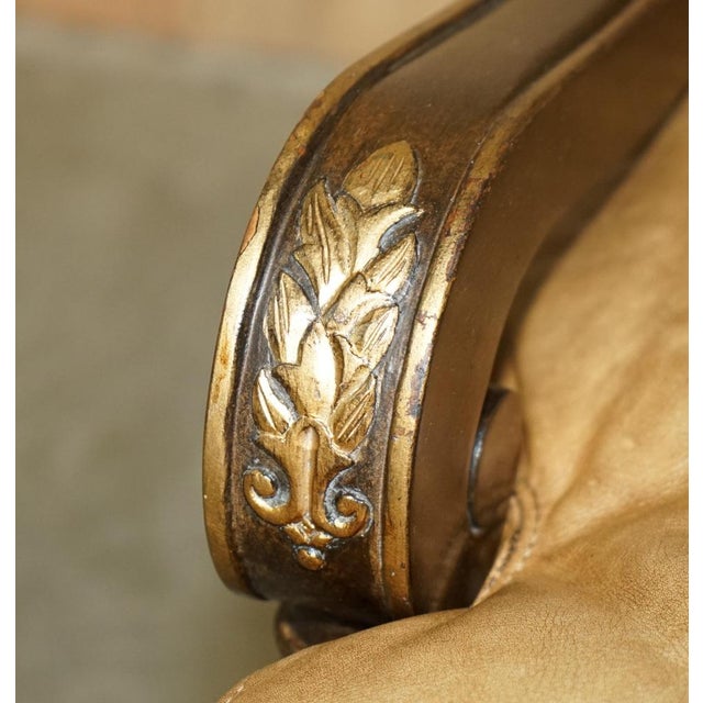 Brown Set of Large Vintage Italian Brown Leather & Giltwood Throne Armchair & Footstool For Sale - Image 8 of 18