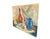An unframed vintage still life on canvas, with an amber glass bottle stands at center, flanked by a pale round loaf or...