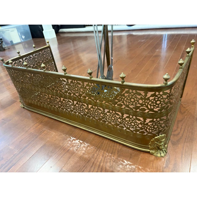 Vintage 19th Century English 5-Piece Ornate Brass Pierced Fireplace Fender and Tool Companion Set For Sale - Image 10 of 12