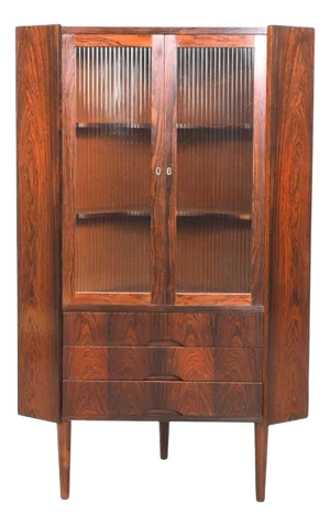 Danish Modern Rosewood Corner Unit With Fluted Glass