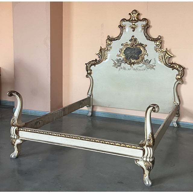 20th French Antique White and Giltwood Queen Bed With Original Painting For Sale - Image 4 of 12
