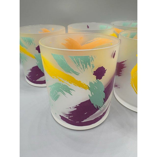 Fun vintage 90s era abstract painted cocktail glasses. Frosted glass with peach yellow purple and blue splashes. Holds 8oz...