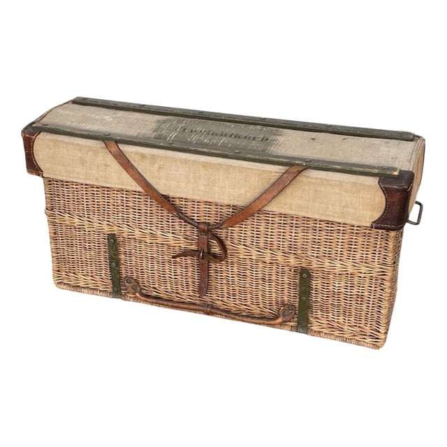 German Wicker Provisions Case with Leather Straps For Sale