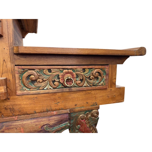 Large Mid-Century Balinese Hand-Carved Teak Sideboard - Hi-Lo Altar Cabinet For Sale - Image 13 of 18