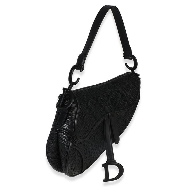 Boho Chic Black Ultramatte Woven Calfskin Saddle Bag For Sale - Image 3 of 8