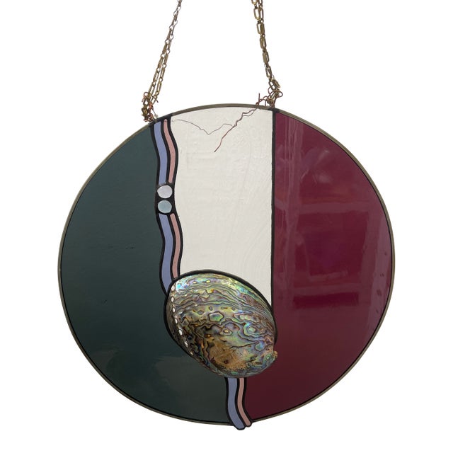 Vintage Signed Stained Glass Round Panel With Abalone Shell, Hanging Wall Art Suncatcher For Sale